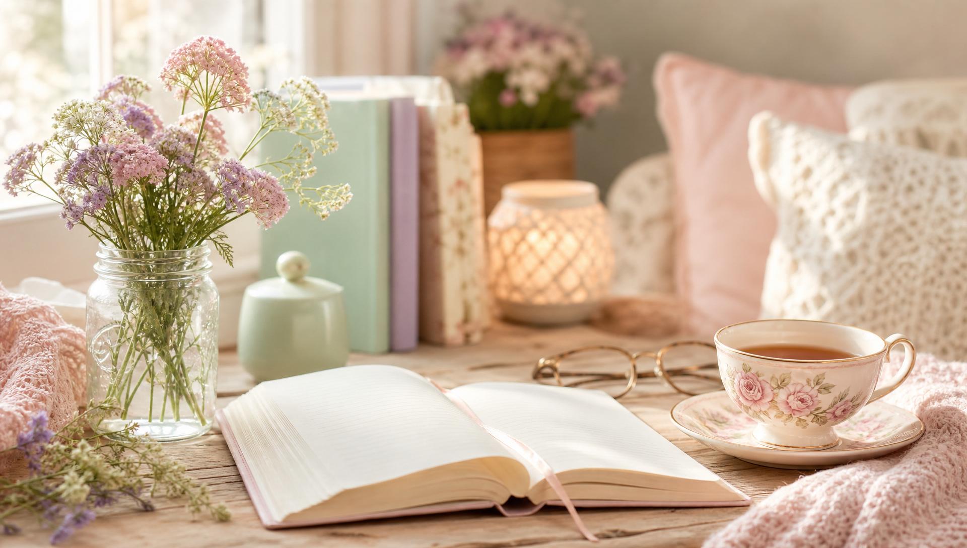 A cozy table with an open journal, a floral teacup, wildflowers, and soft morning light